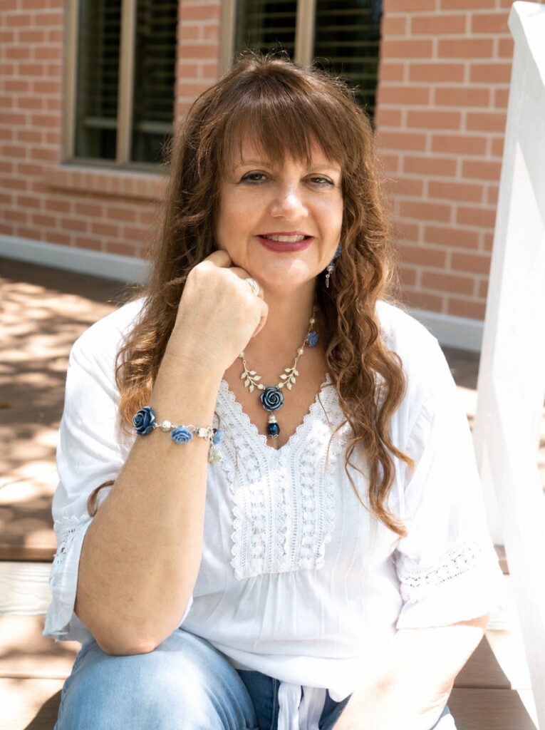 Cindy wearing her handmade jewelry